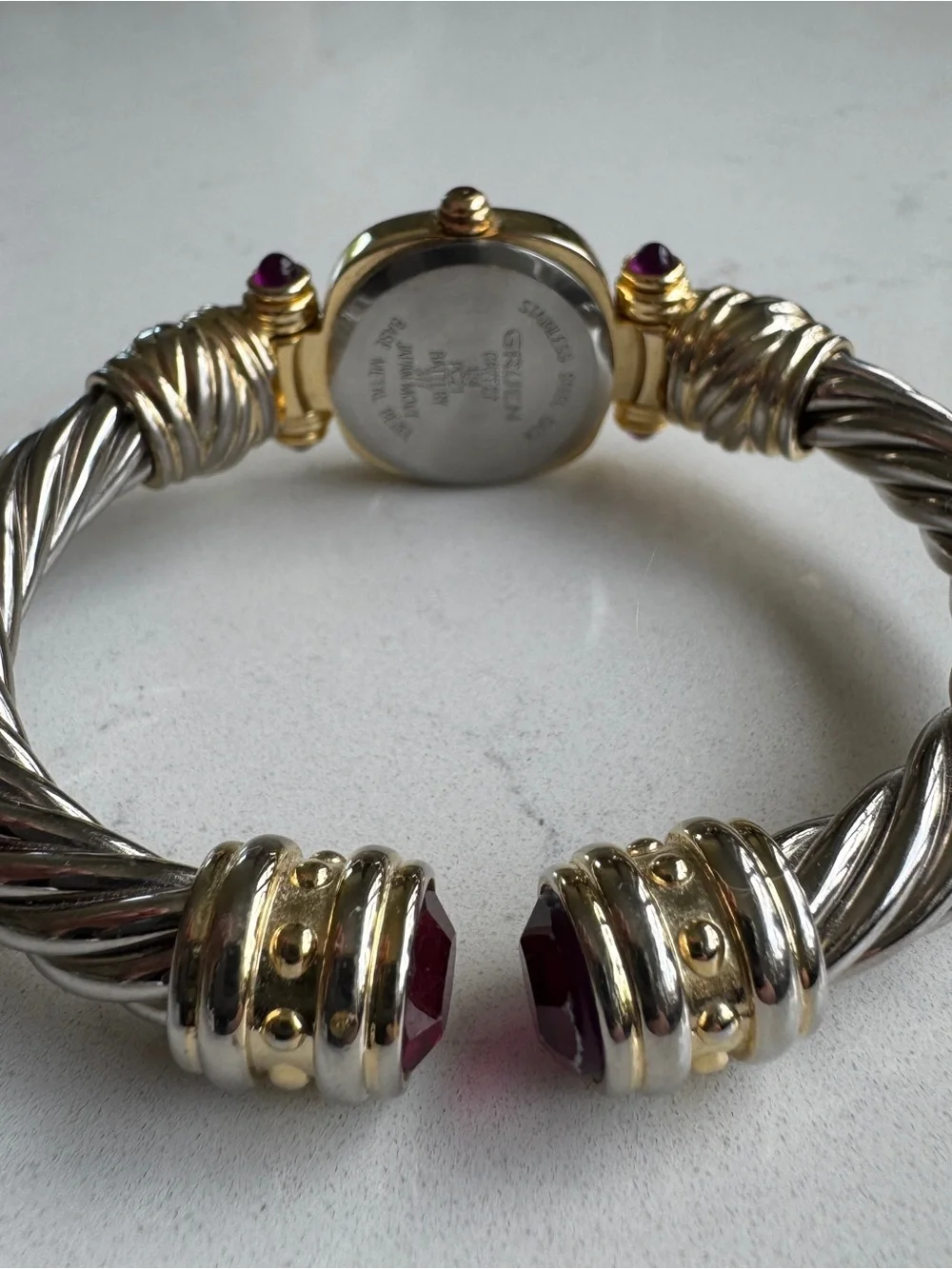 Vtg Gruen Womens Gold Silver Two Tone Watch Bangle Twist Spring Bracelet Quartz
